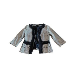 Tweed Blazer Black White Fringed Trim Pockets Elegant Office Career‎ Jacket